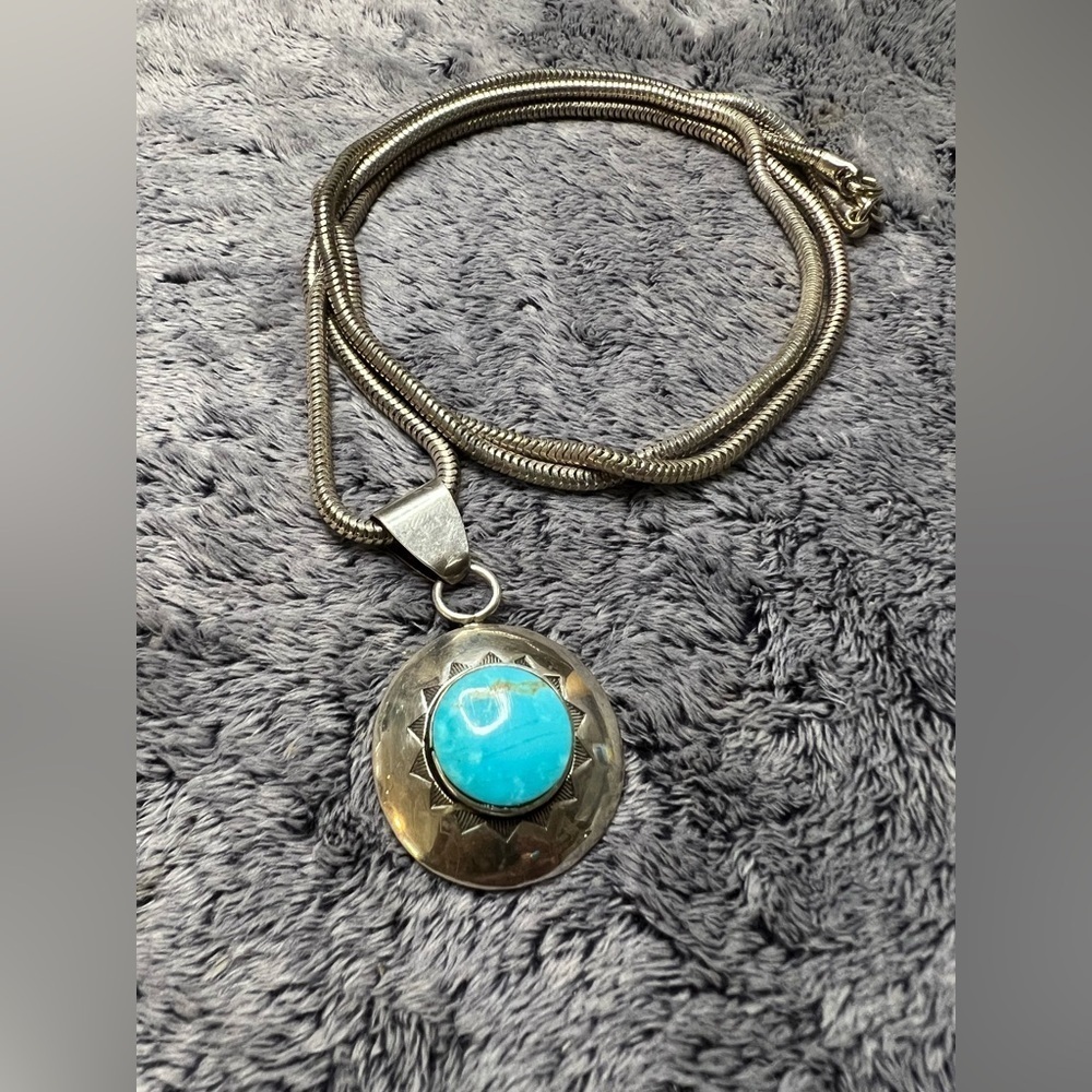Vintage Bobby Apachito Sterling Silver Turquoise Sunburst Pendant Necklace